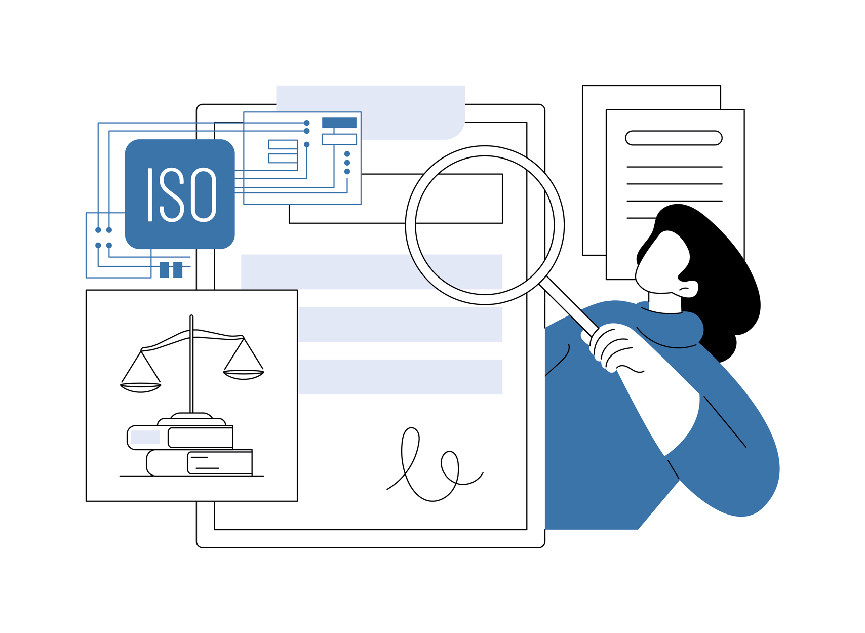 A woman checking documents for ISO compliance