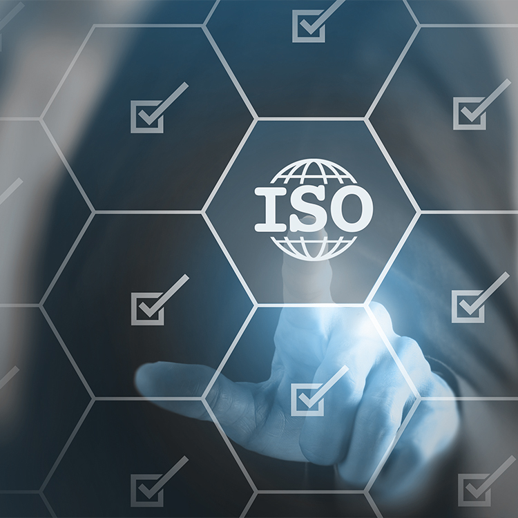 The ISO Logo surrounded by checkmarks being pushed with a finger
